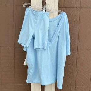 Free People Light Blue V-Neck Top with Matching Biker Shorts
